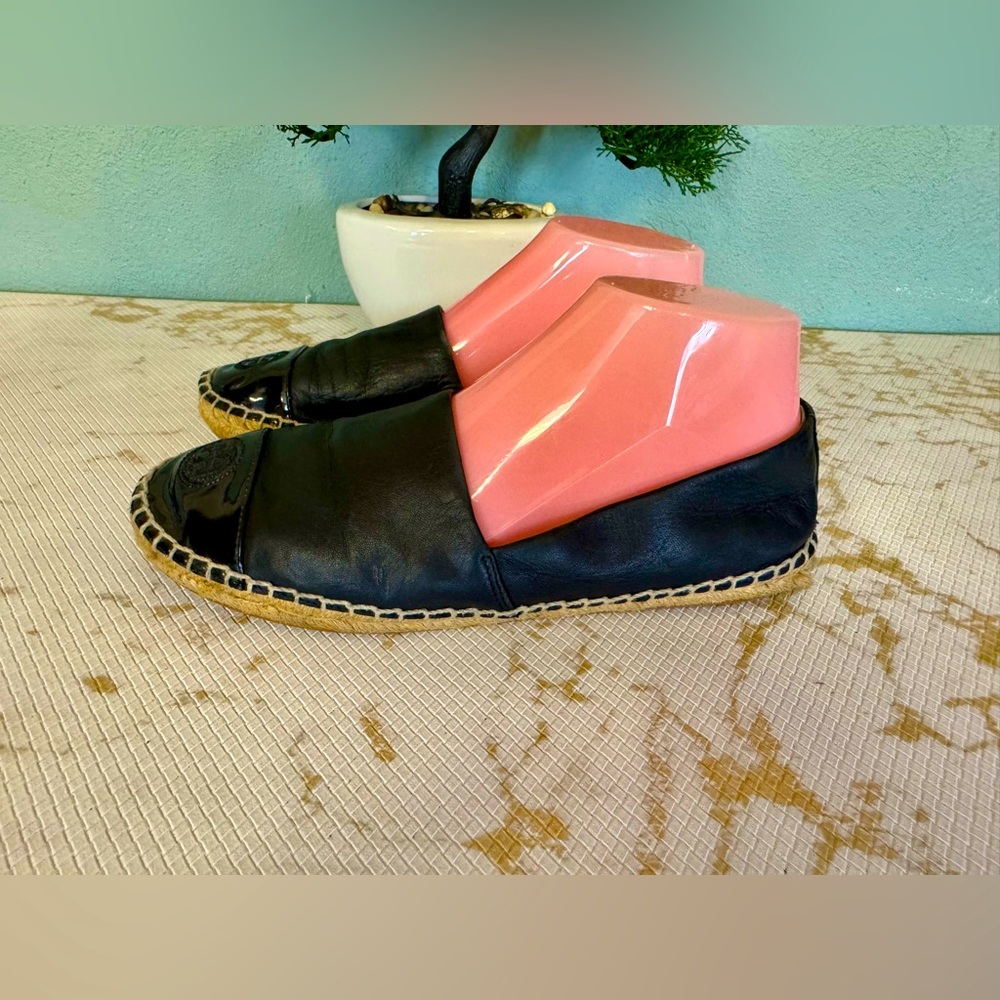 Tory Burch Black Leather Espadrilles with Natural Jute Sole